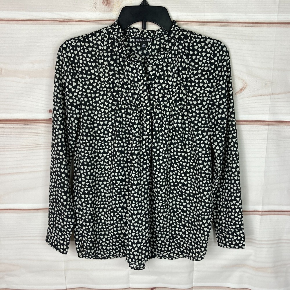 J. Crew Top Women 00 Black Heart Print Blouse Pintuck Long Sleeve Pullover Woven